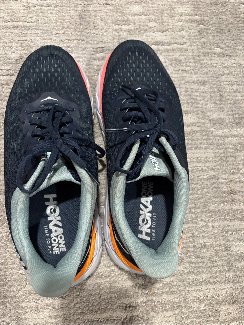 Hoka Navy Running Shoes with Orange and Coral Trim size 9.5